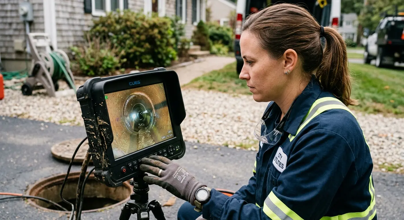 Technician reviewing sewer camera inspection footage in Eagle Point