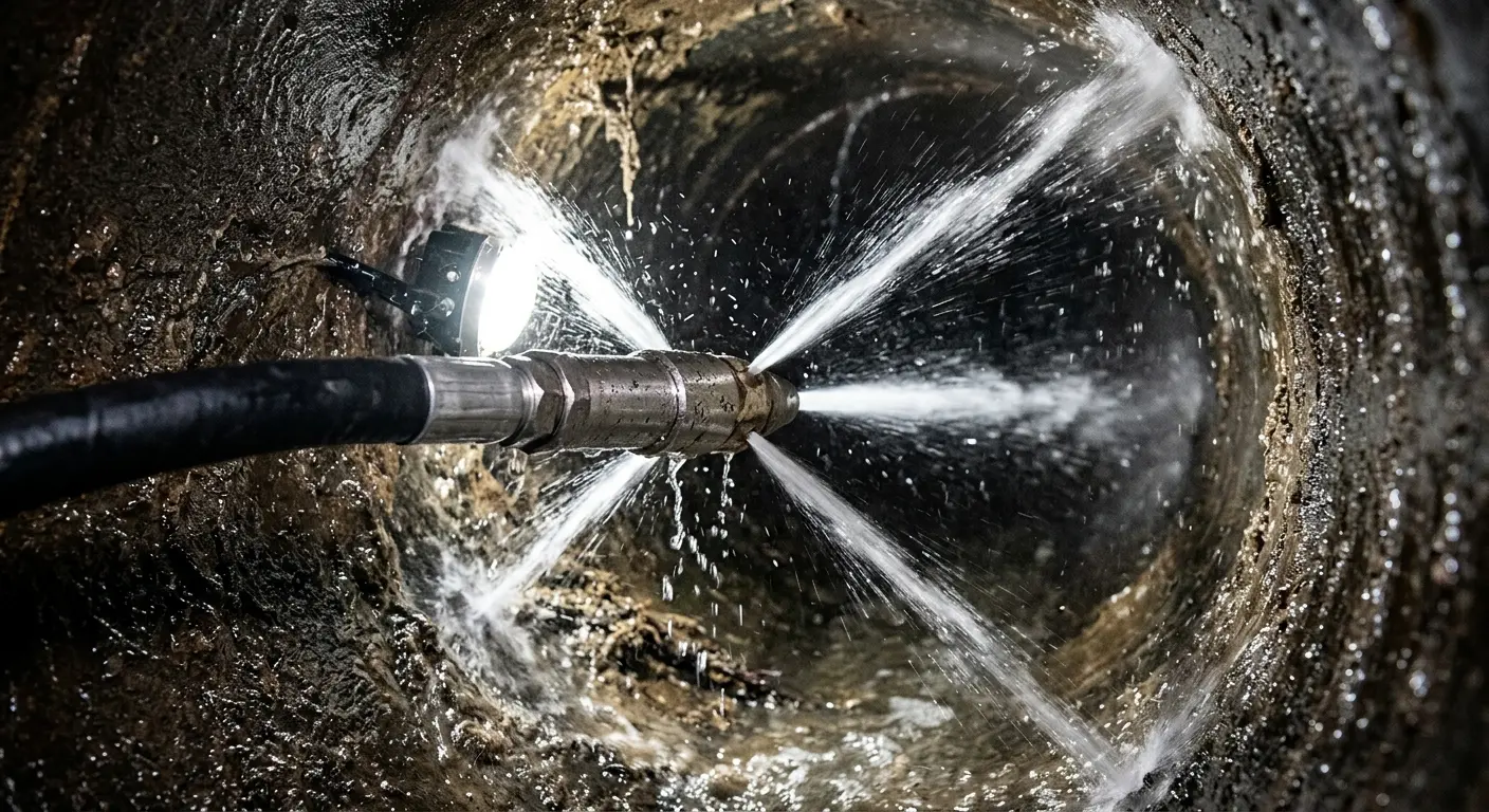 High-pressure hydro jetting nozzle cleaning sewer pipe for Emergency Drain Service in Eagle Point