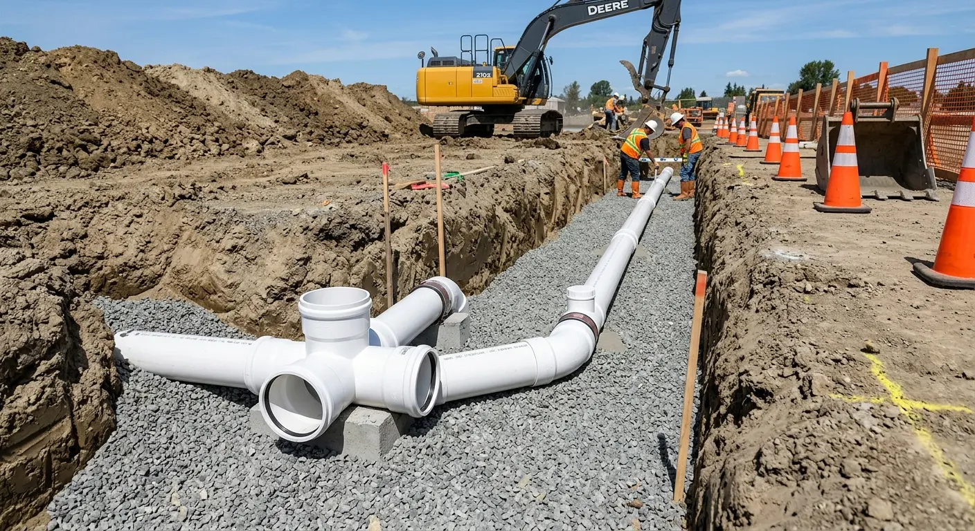 New PVC sewer pipe installation in open trench for Sewer Backup in Eagle Point