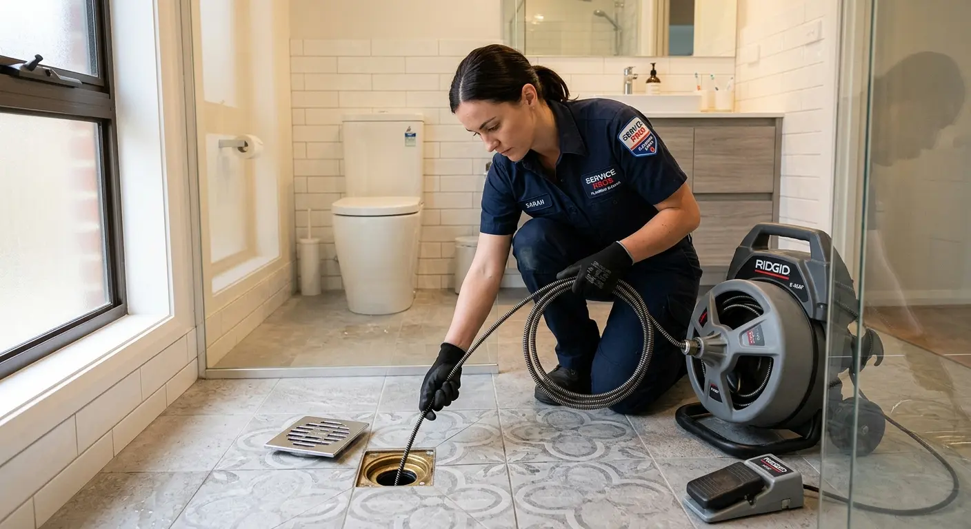 Technician clearing a bathroom floor drain for Drain Cleaning in Eagle Point